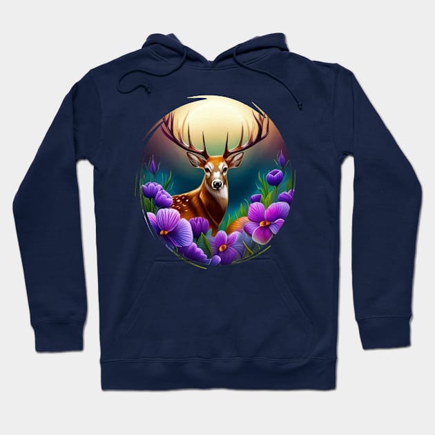 White-tailed Illinois Deer With Violets Colored Tattoo Art Hoodie by taiche